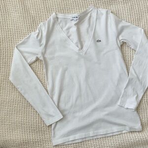 Lacoste Women's Classic White V-Neck Long Sleeve Tee